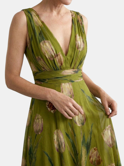 Damska sukienka maxi w kwiaty bez rękawów z dekoltem w serek-Maxi Dress-Olave