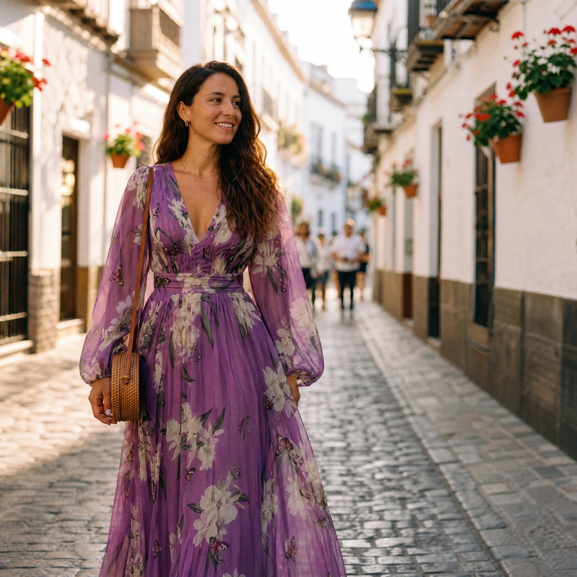 Damska sukienka maxi w kwiaty z dekoltem w serek-Maxi Dress-Olave
