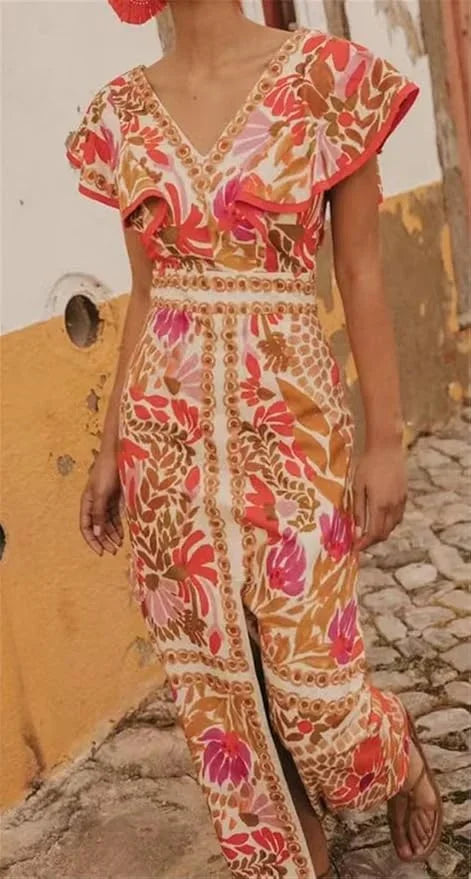 Damska sukienka maxi w kwiaty z dekoltem w serek-Maxi dresses-Olave