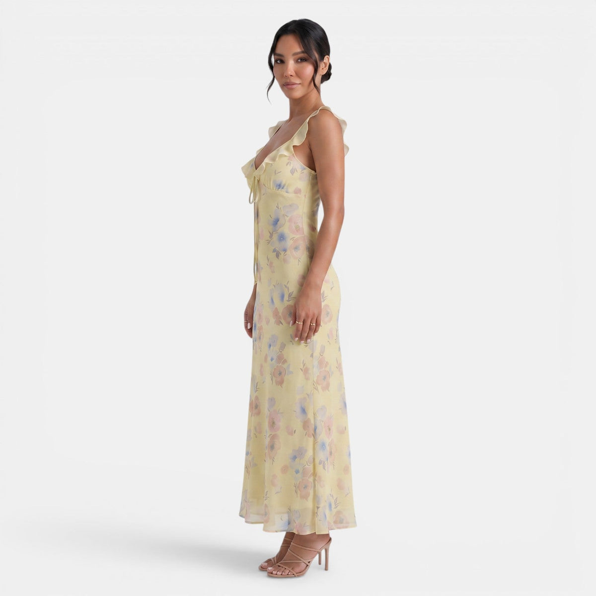 Damska sukienka maxi w kwiaty z falbanką-Maxi Dress-Olave