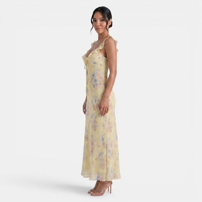 Damska sukienka maxi w kwiaty z falbanką-Maxi Dress-Olave