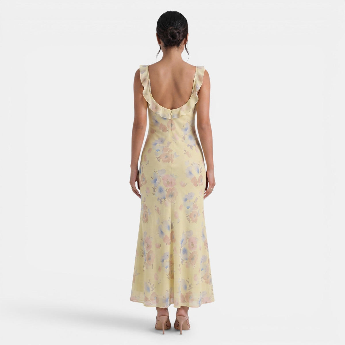 Damska sukienka maxi w kwiaty z falbanką-Maxi Dress-Olave