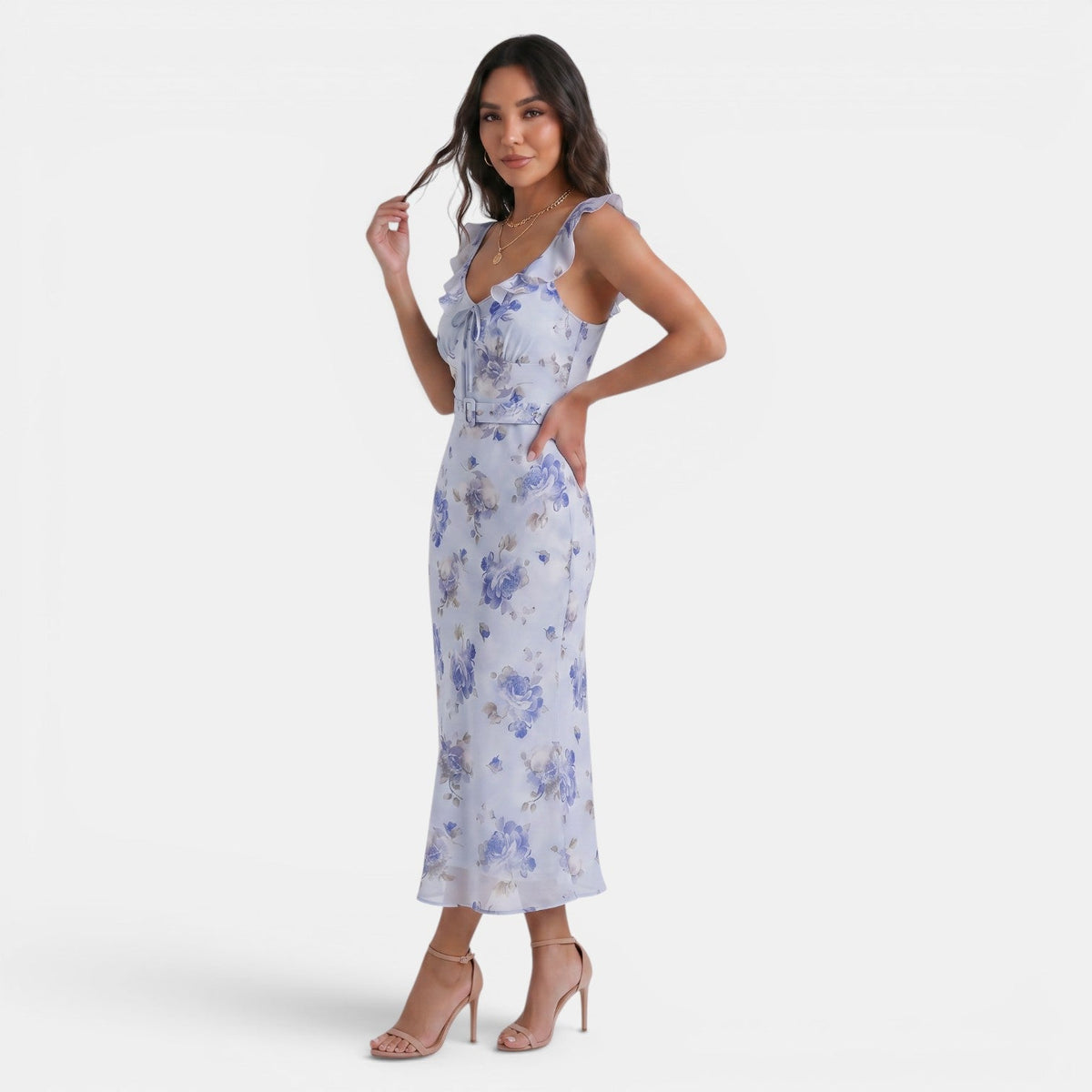 Damska sukienka maxi w kwiaty z falbanką-Maxi Dress-Olave