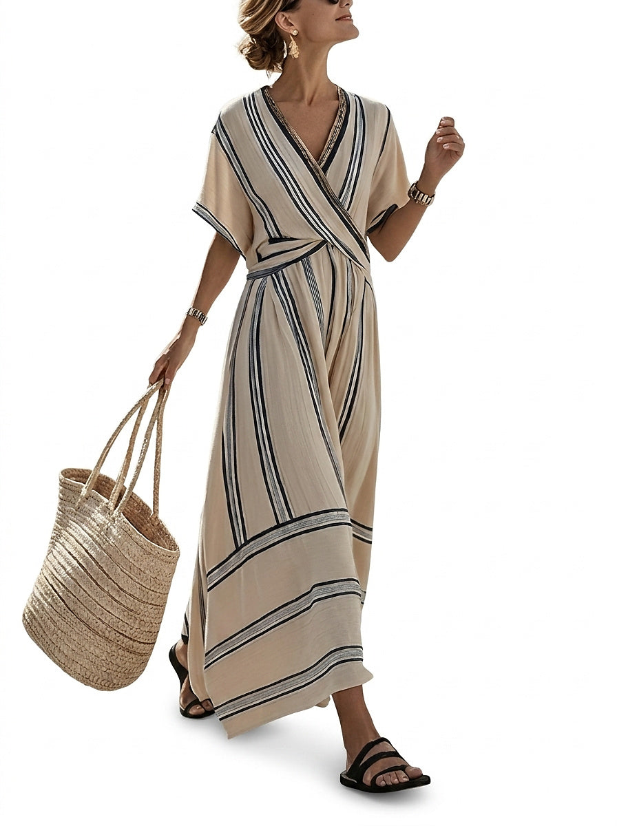 Damska sukienka maxi w paski z dekoltem w serek-Maxi Dress-Olave