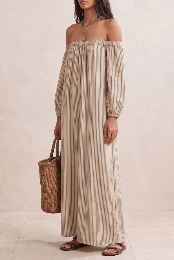 Damska sukienka maxi w paski z odkrytymi ramionami-Maxi Dress-Olave