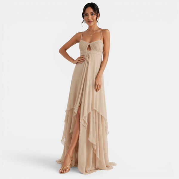 Damska sukienka maxi z asymetrycznymi falbanami-Maxi Dress-Olave