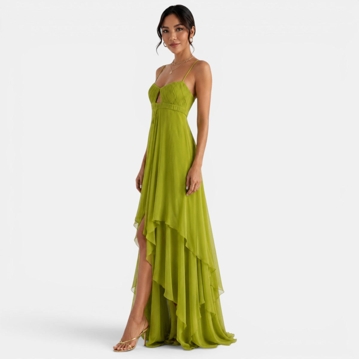 Damska sukienka maxi z asymetrycznymi falbanami-Maxi Dress-Olave
