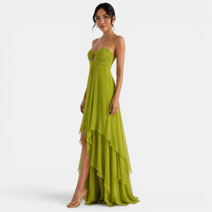 Damska sukienka maxi z asymetrycznymi falbanami-Maxi Dress-Olave