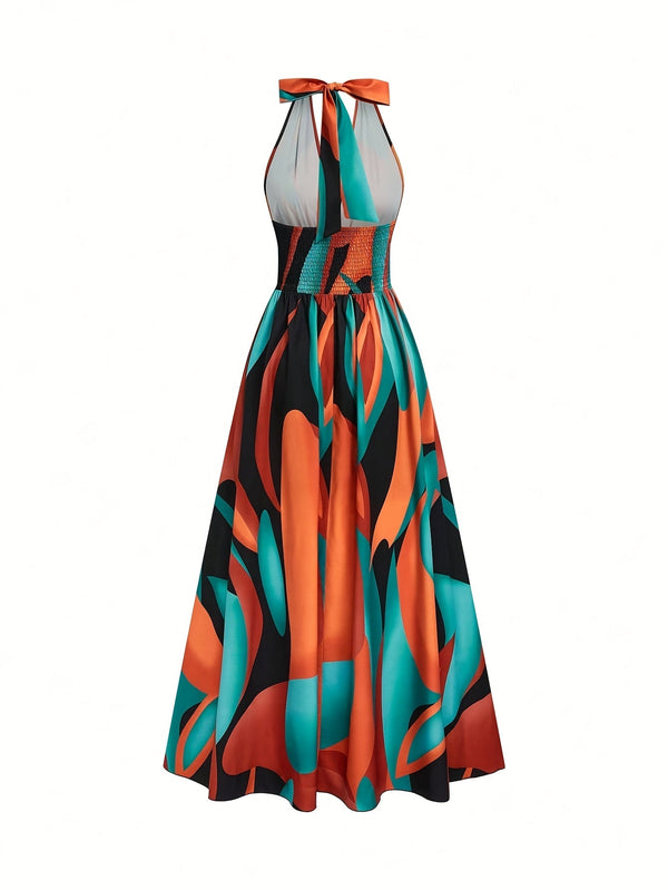 Damska sukienka maxi z dekoltem typu halter i abstrakcyjnym wzorem-Maxi Dress-Olave
