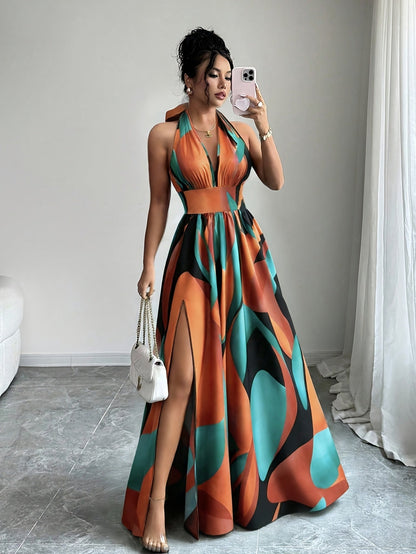 Damska sukienka maxi z dekoltem typu halter i abstrakcyjnym wzorem-Maxi Dress-Olave