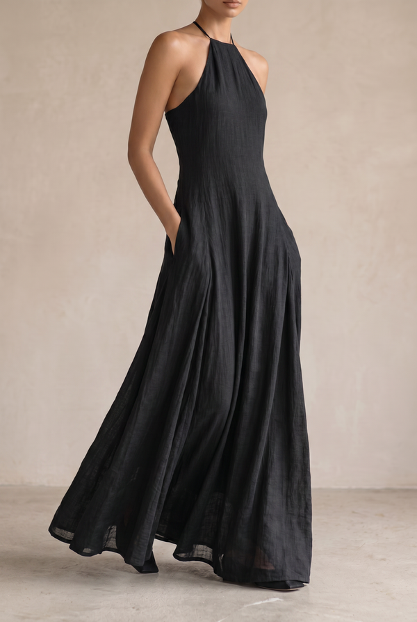 Damska sukienka maxi z dekoltem typu halter i kieszeniami bocznymi-Maxi Dress-Olave
