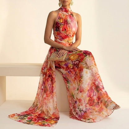 Damska sukienka maxi z dekoltem typu halter w kwiatowy wzór-Maxi Dress-Olave