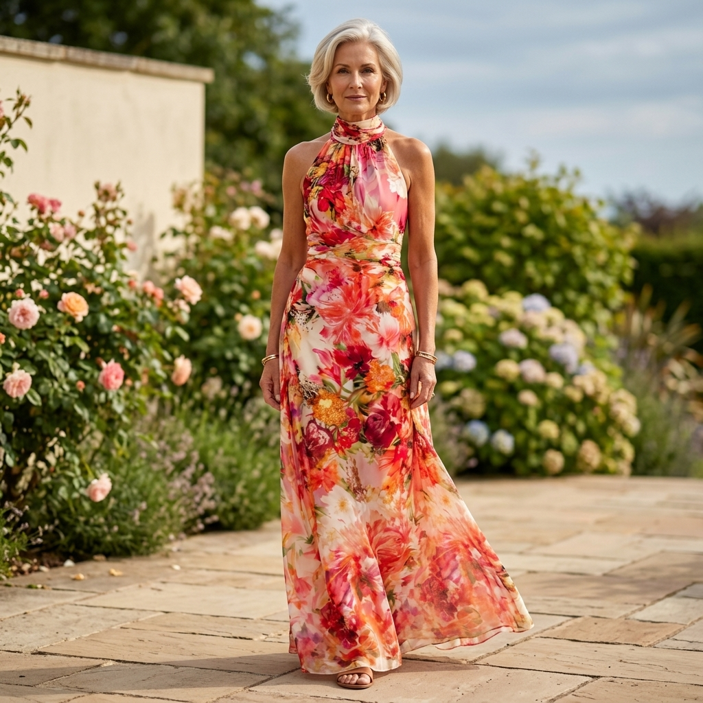 Damska sukienka maxi z dekoltem typu halter w kwiatowy wzór-Maxi Dress-Olave