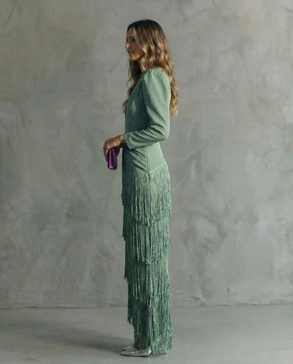 Damska sukienka maxi z dekoltem w serek i frędzlami-Maxi Dress-Olave