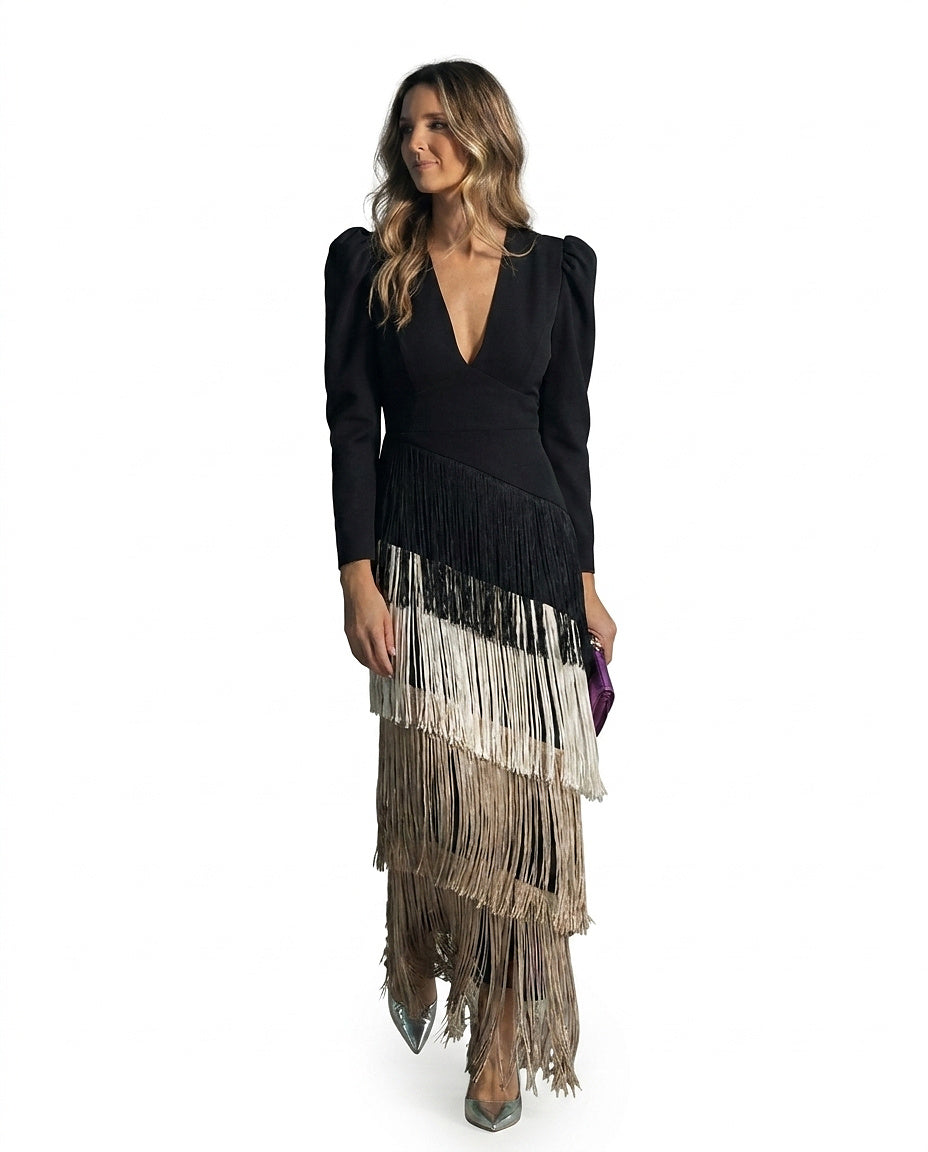 Damska sukienka maxi z dekoltem w serek i frędzlami-Maxi Dress-Olave