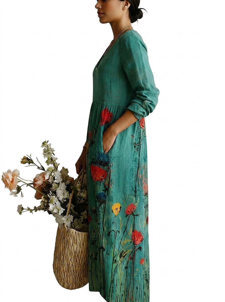 Damska sukienka maxi z dekoltem w serek i kwiatowym wzorem-Maxi Dress-Olave