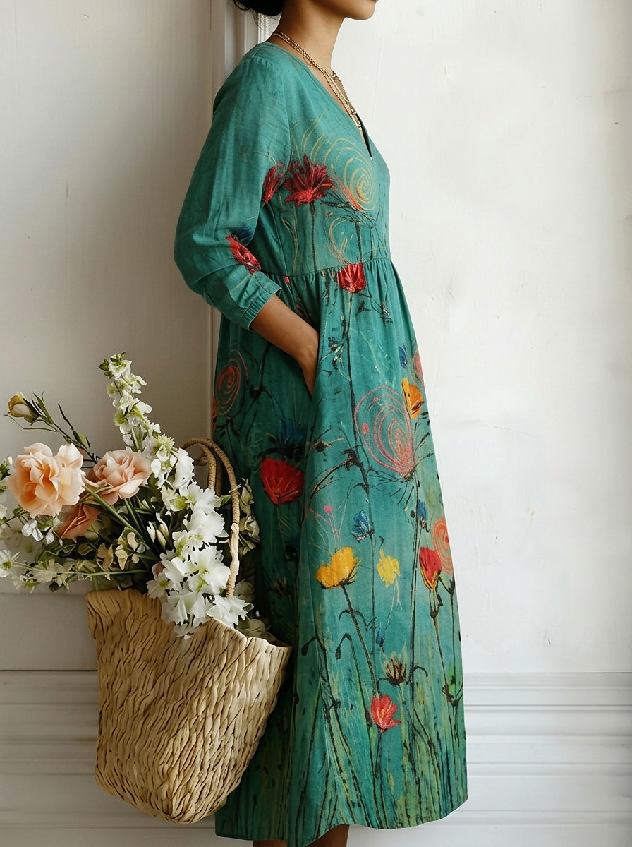 Damska sukienka maxi z dekoltem w serek i kwiatowym wzorem-Maxi Dress-Olave