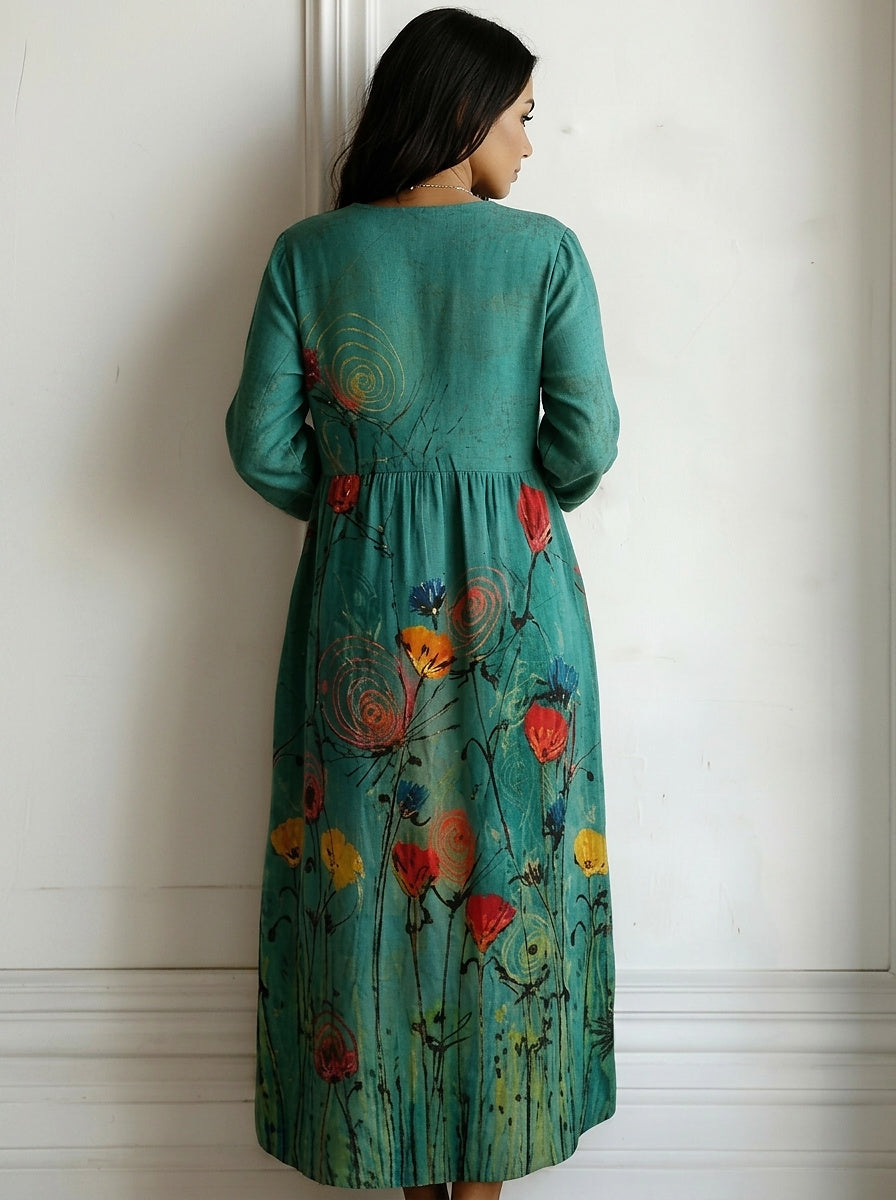 Damska sukienka maxi z dekoltem w serek i kwiatowym wzorem-Maxi Dress-Olave