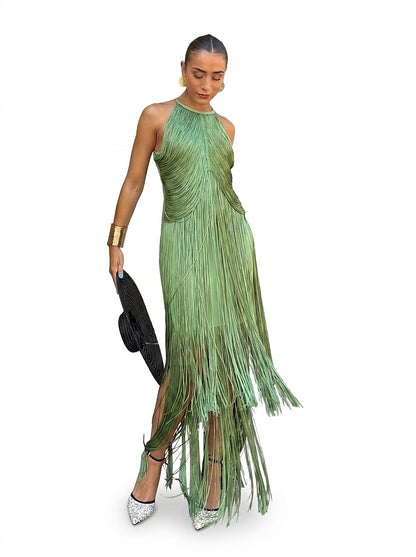 Damska sukienka maxi z frędzlami i dekoltem typu halter-Maxi Dress-Olave