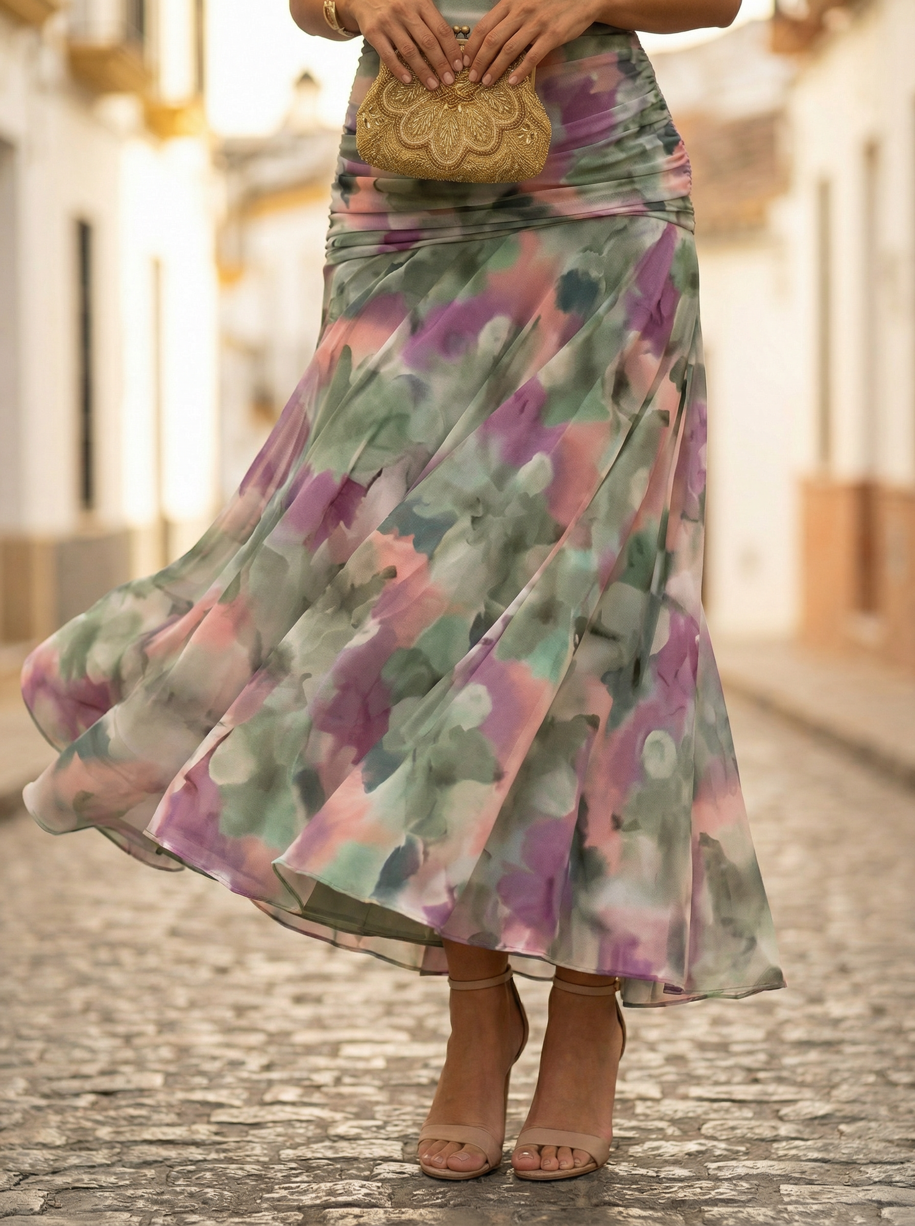 Damska sukienka maxi z odkrytymi ramionami i marszczoną talią-Maxi Dress-Olave