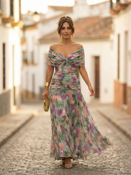 Damska sukienka maxi z odkrytymi ramionami i marszczoną talią-Maxi Dress-Olave