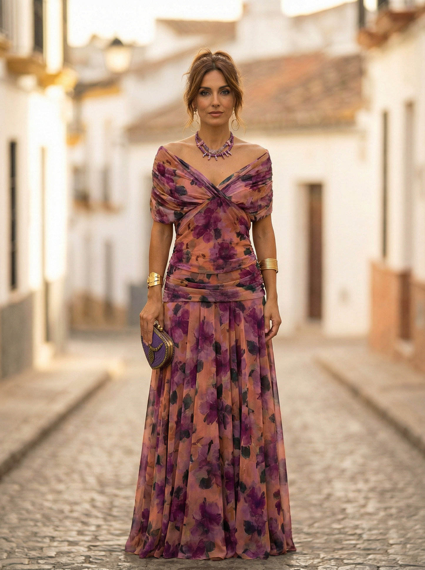 Damska sukienka maxi z odkrytymi ramionami i marszczoną talią-Maxi Dress-Olave