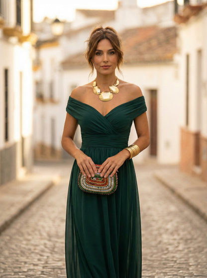 Damska sukienka maxi z odkrytymi ramionami i marszczoną talią-Maxi Dress-Olave