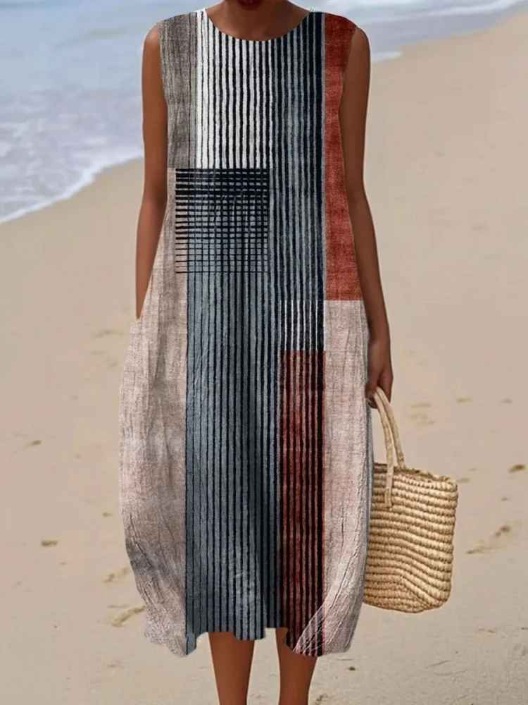 Damska sukienka midi bez rękawów w abstrakcyjny wzór-Midi Dress-Olave