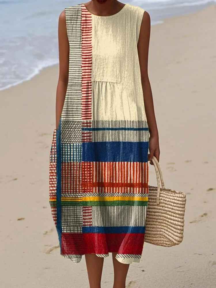 Damska sukienka midi bez rękawów w geometryczny wzór-Midi Dress-Olave