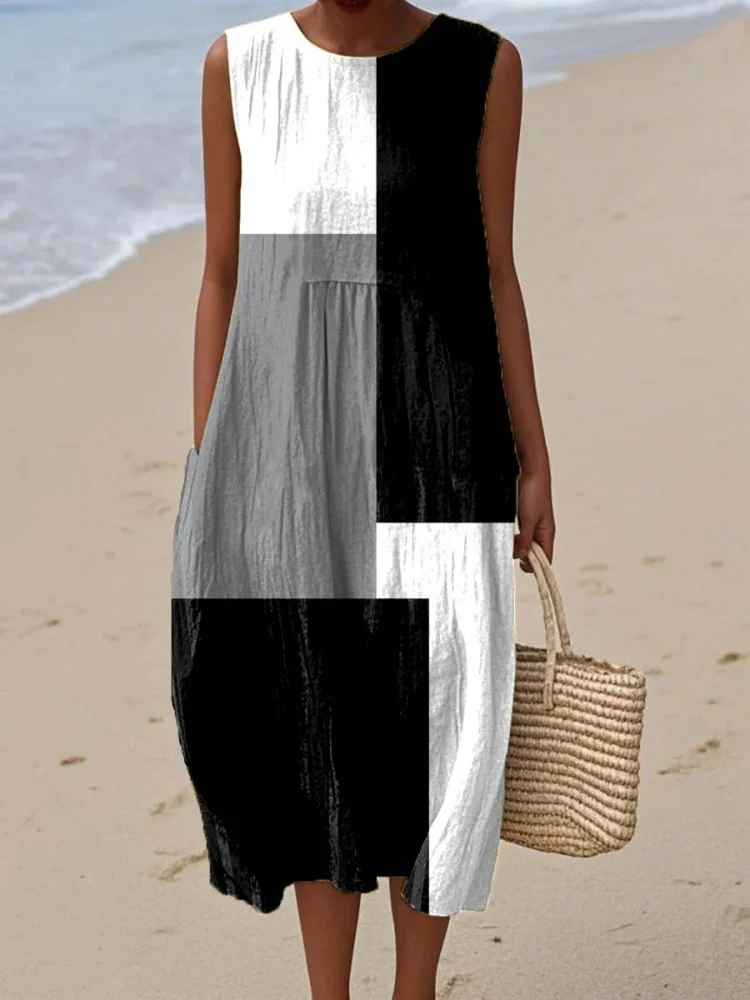 Damska sukienka midi bez rękawów w geometryczny wzór-Midi Dress-Olave