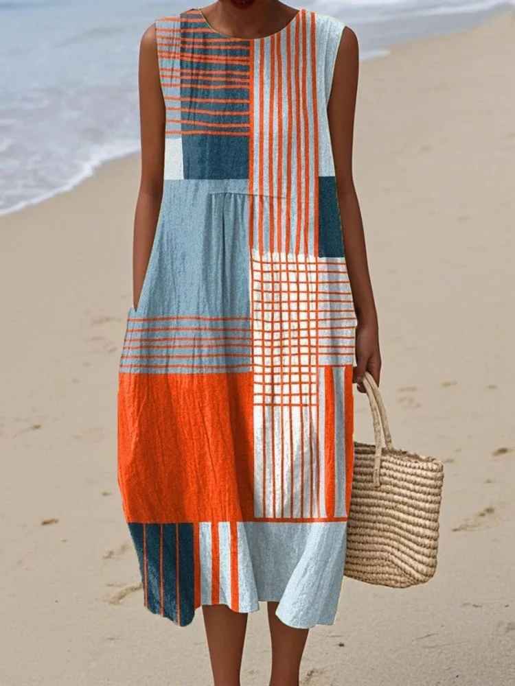 Damska sukienka midi bez rękawów w geometryczny wzór-Midi Dress-Olave