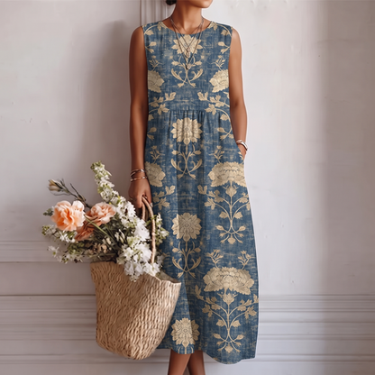 Damska sukienka midi bez rękawów w kwiatowy wzór-Midi Dress-Olave