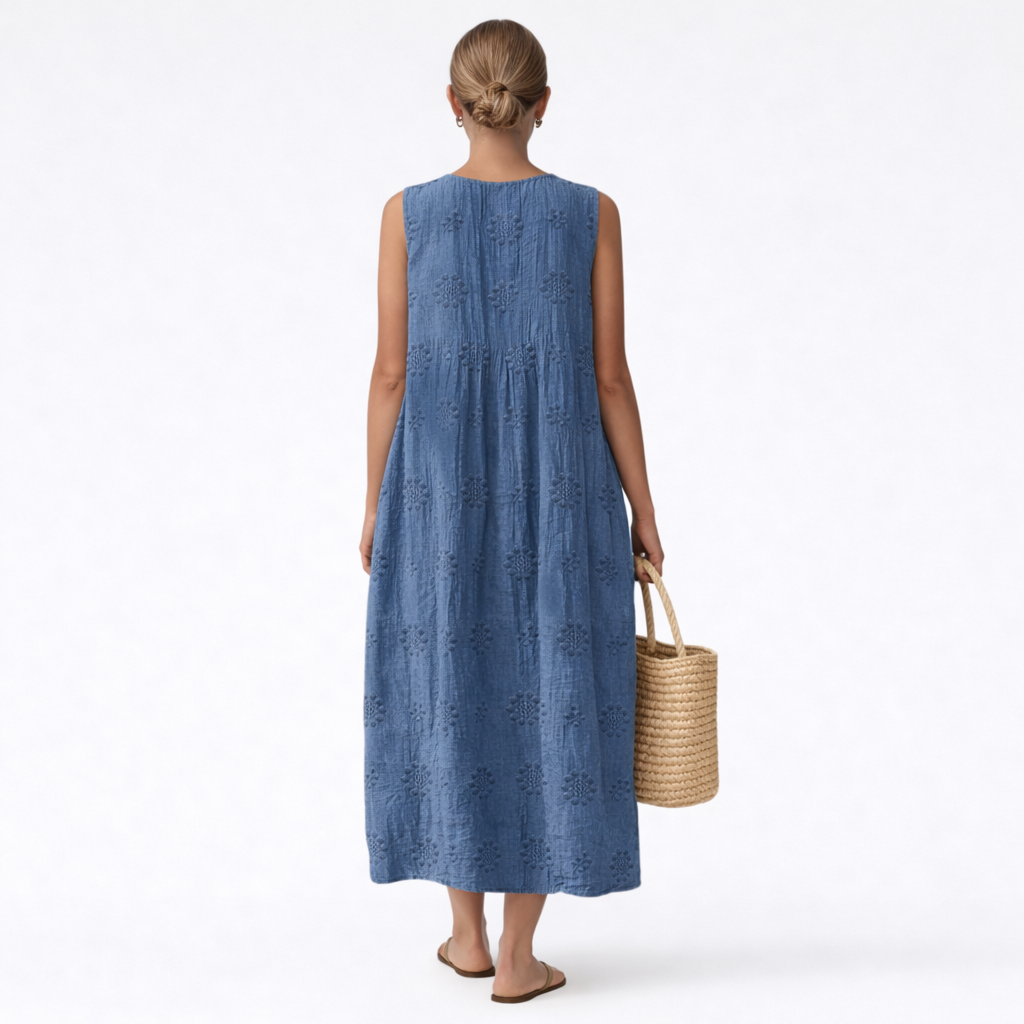 Damska sukienka midi bez rękawów z haftem ażurowym-Midi Dress-Olave