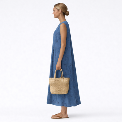 Damska sukienka midi bez rękawów z haftem ażurowym-Midi Dress-Olave