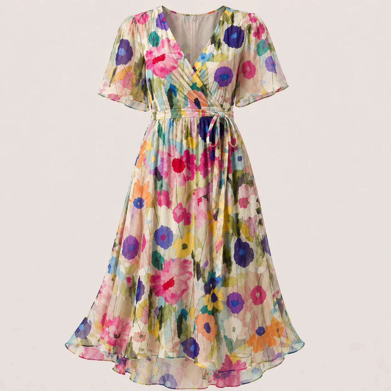 Damska sukienka midi kopertowa w kwiaty-Midi Dress-Olave