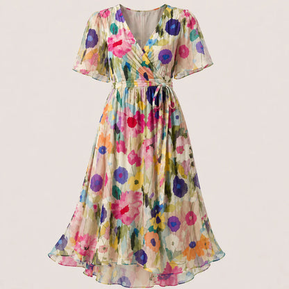 Damska sukienka midi kopertowa w kwiaty-Midi Dress-Olave