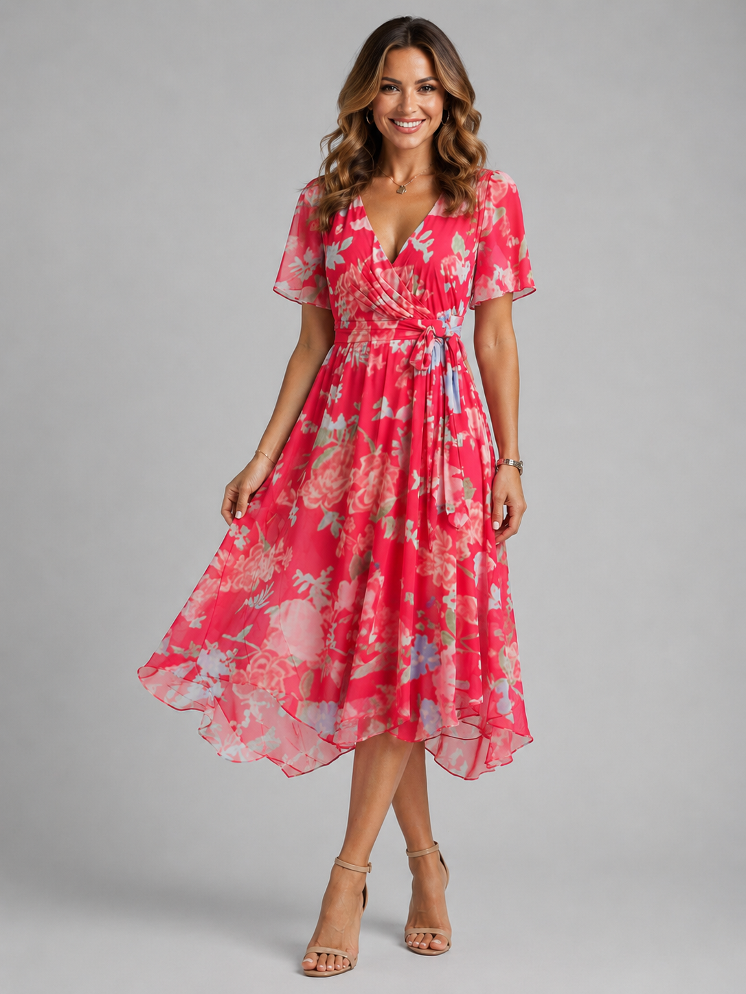 Damska sukienka midi kopertowa w kwiaty-Midi Dress-Olave