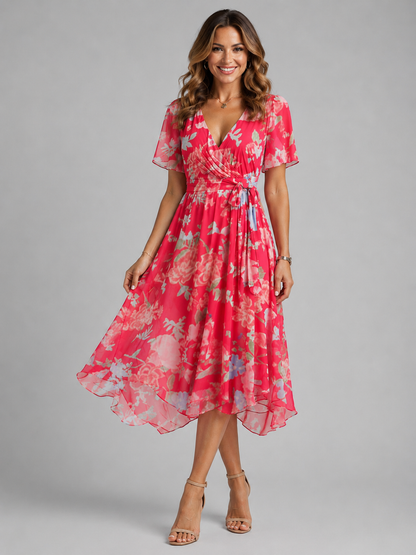 Damska sukienka midi kopertowa w kwiaty-Midi Dress-Olave
