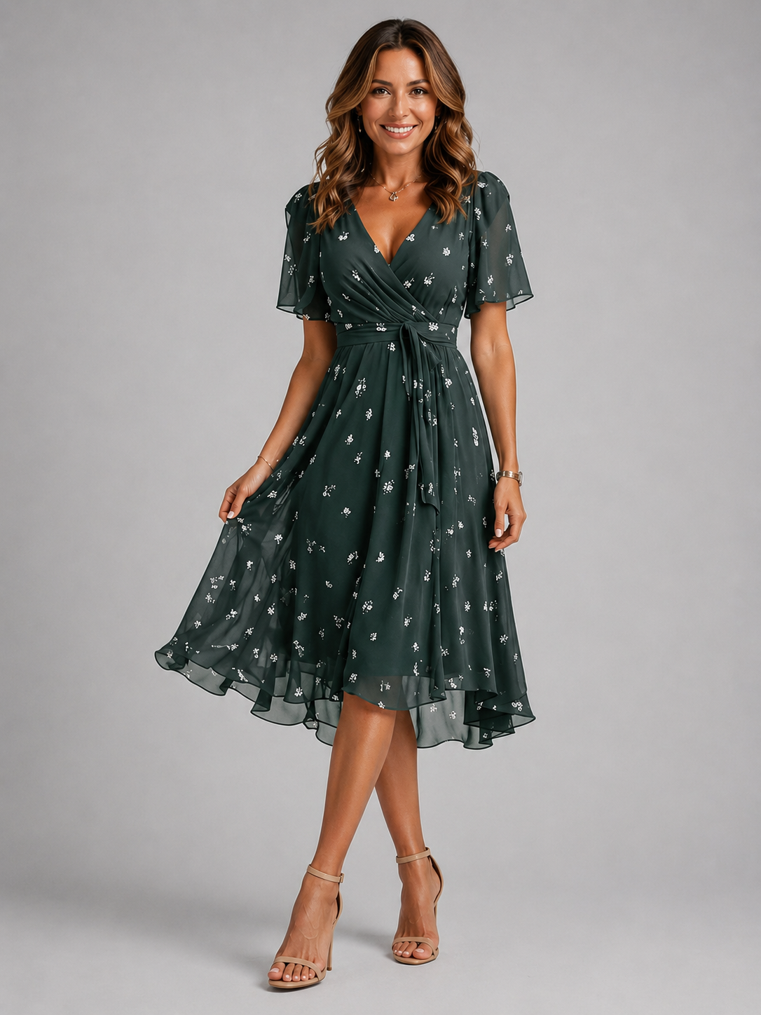 Damska sukienka midi kopertowa w kwiaty-Midi Dress-Olave
