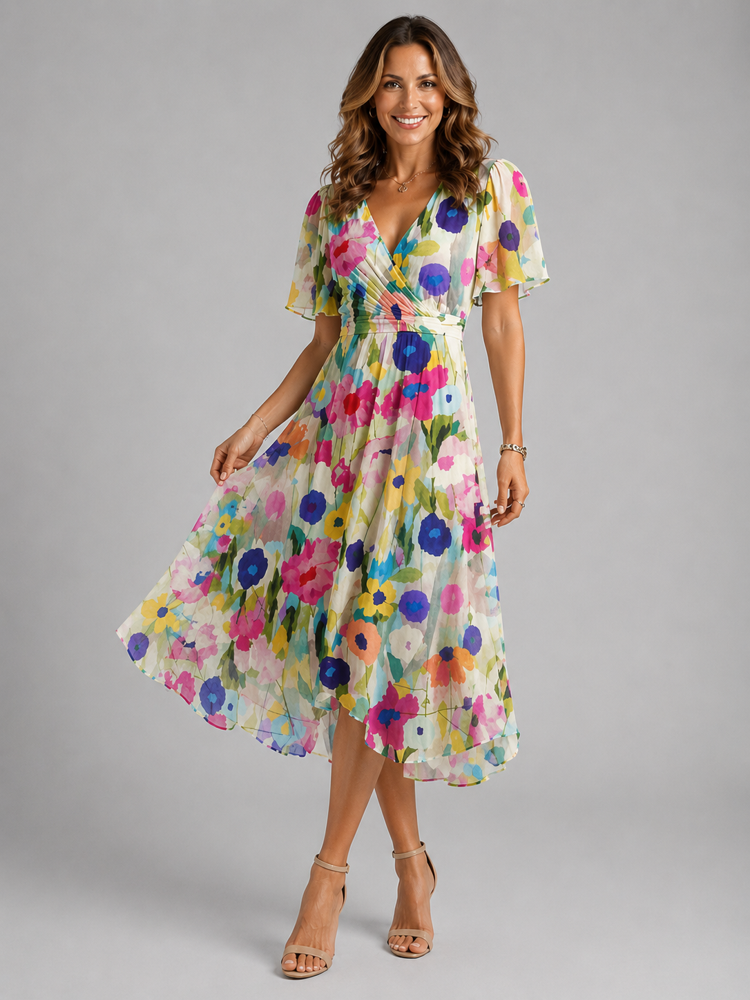 Damska sukienka midi kopertowa w kwiaty-Midi Dress-Olave