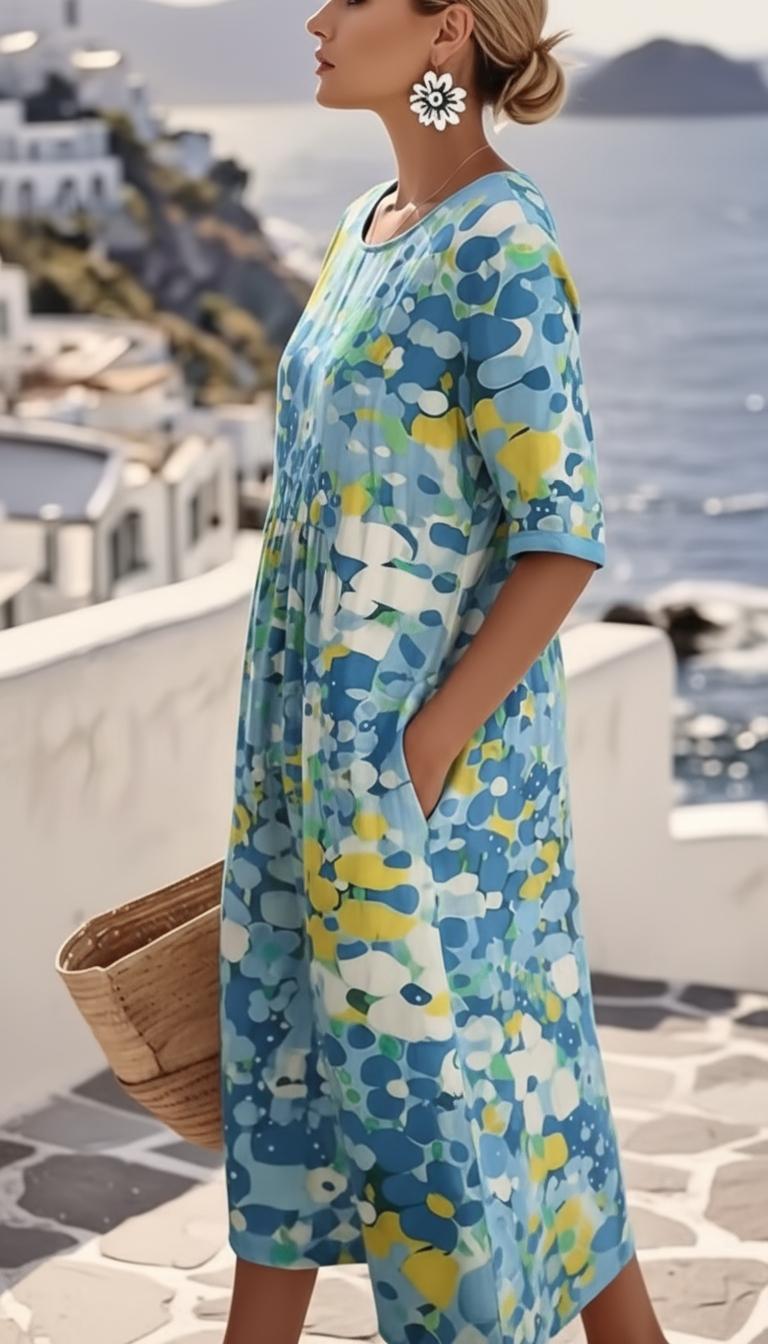 Damska sukienka midi w abstrakcyjne kwiaty z krótkim rękawem-Midi Dress-Olave