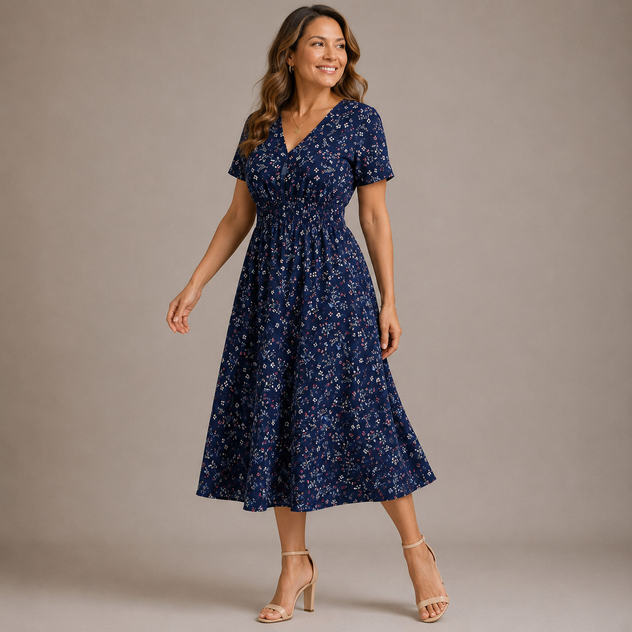 Damska sukienka midi w grochy z marszczeniem-Midi Dress-Olave