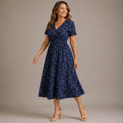 Damska sukienka midi w grochy z marszczeniem-Midi Dress-Olave