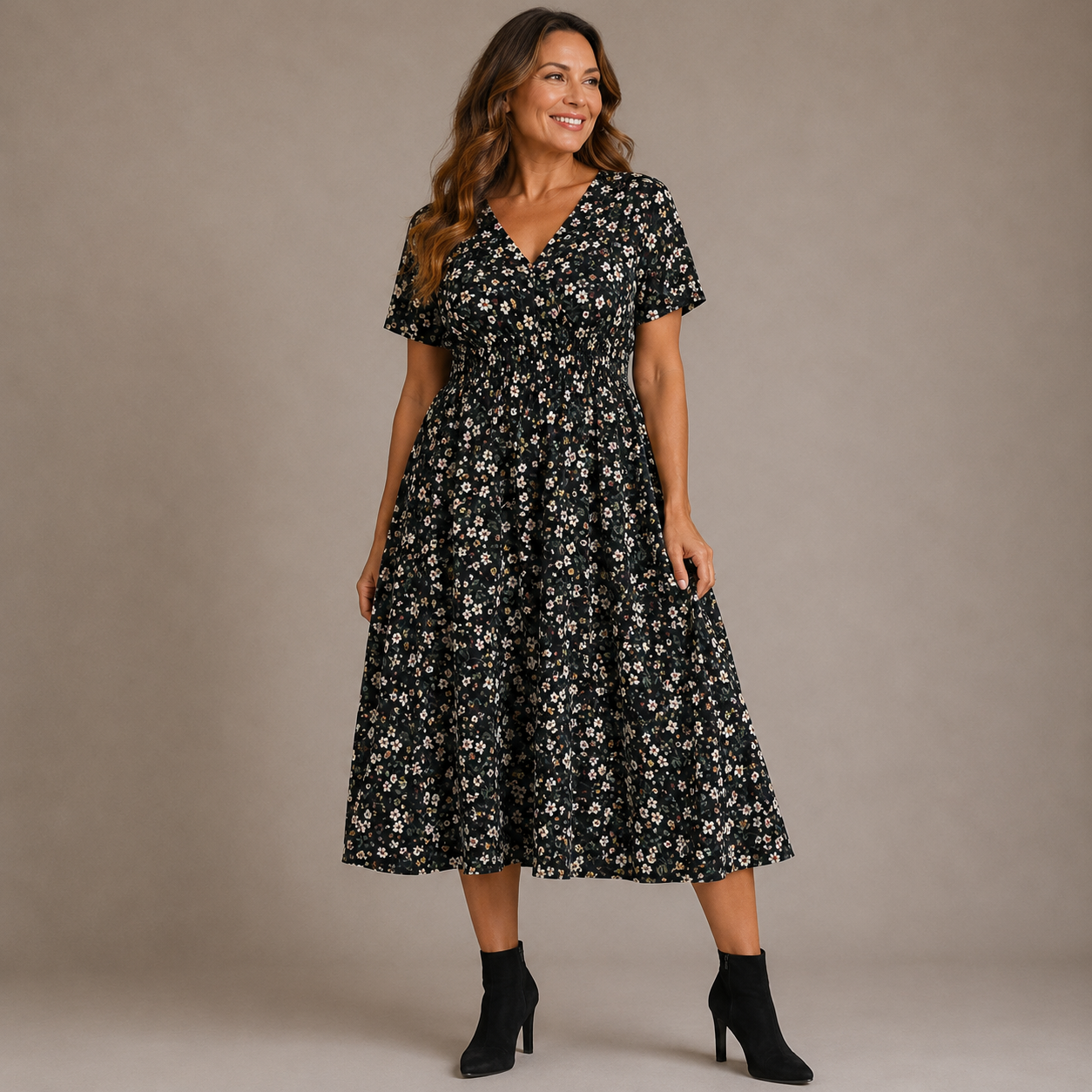 Damska sukienka midi w grochy z marszczeniem-Midi Dress-Olave