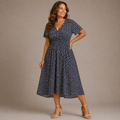 Damska sukienka midi w grochy z marszczeniem-Midi Dress-Olave