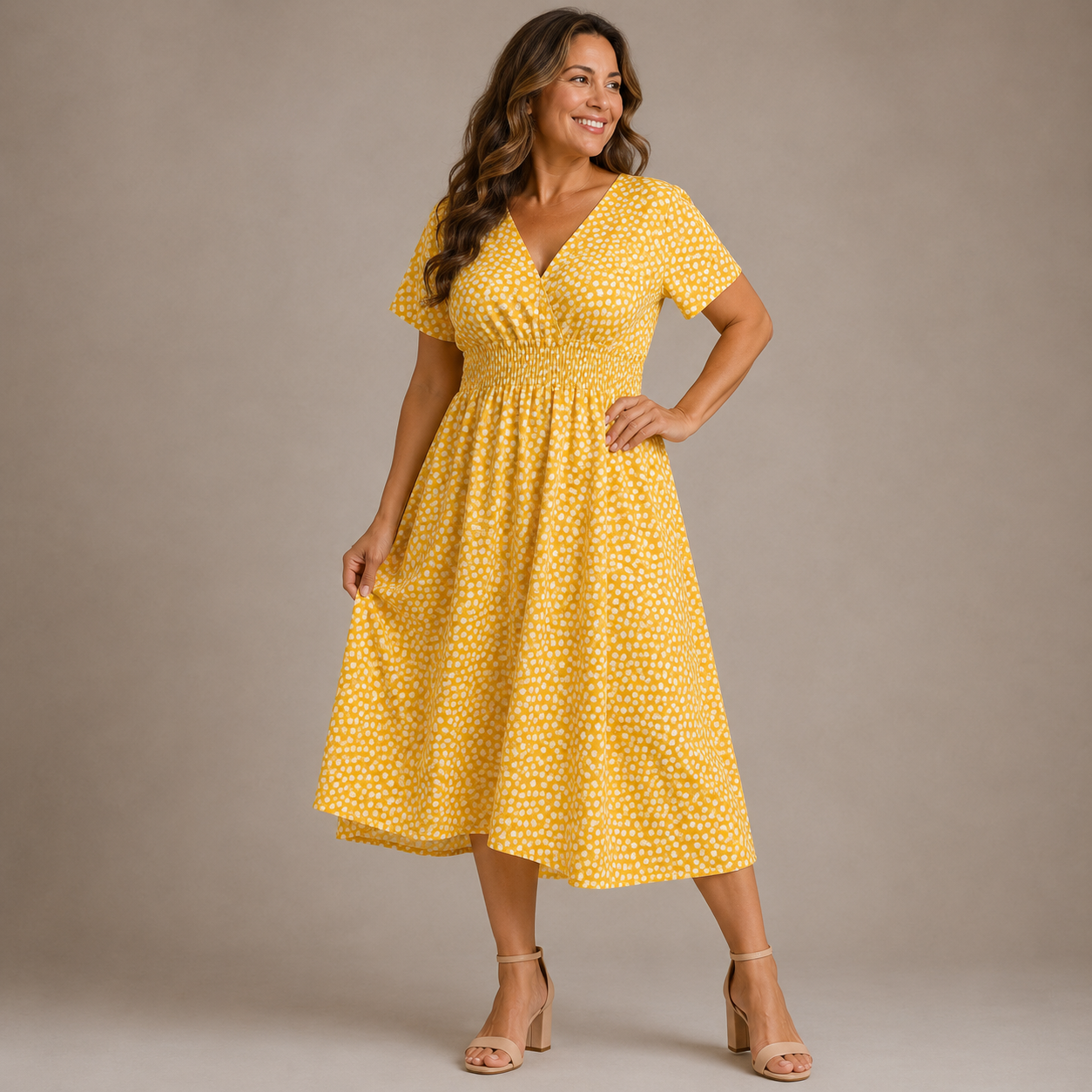 Damska sukienka midi w grochy z marszczeniem-Midi Dress-Olave