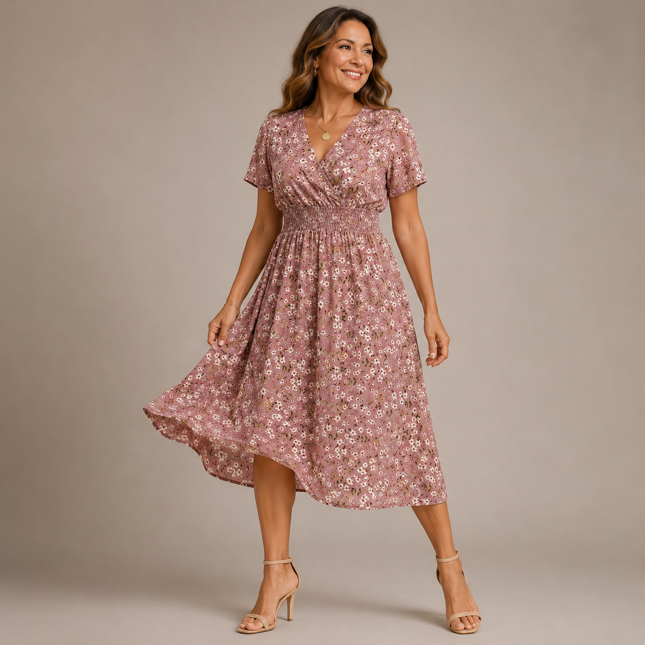 Damska sukienka midi w grochy z marszczeniem-Midi Dress-Olave