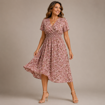 Damska sukienka midi w grochy z marszczeniem-Midi Dress-Olave