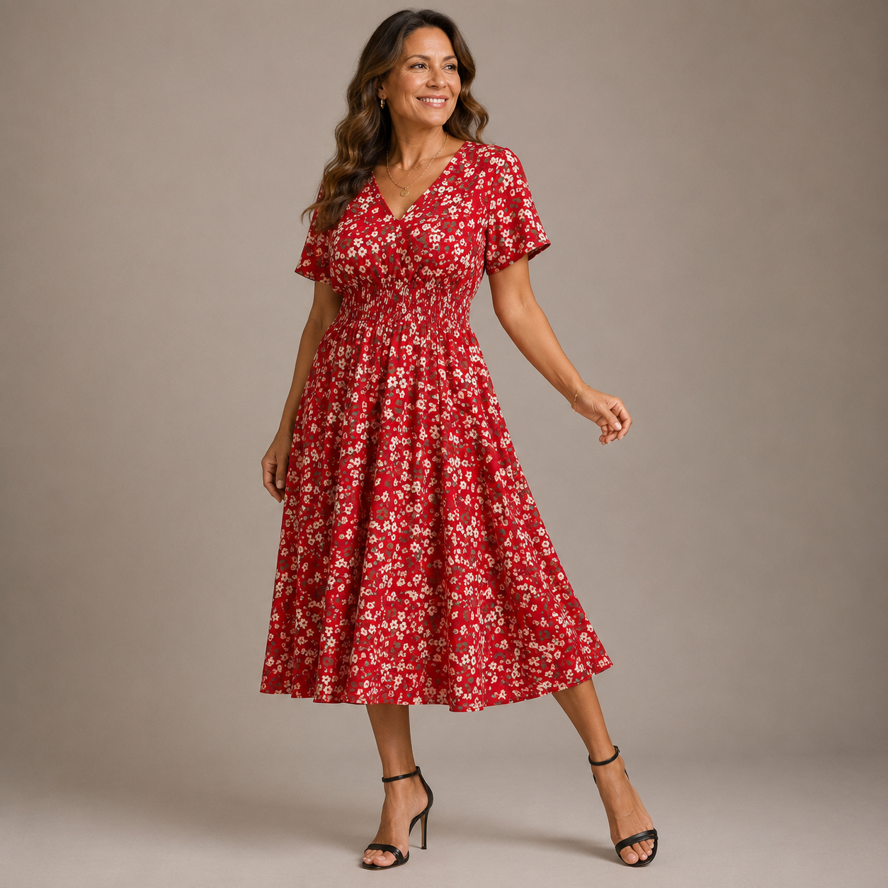 Damska sukienka midi w grochy z marszczeniem-Midi Dress-Olave