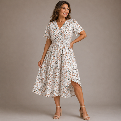 Damska sukienka midi w grochy z marszczeniem-Midi Dress-Olave